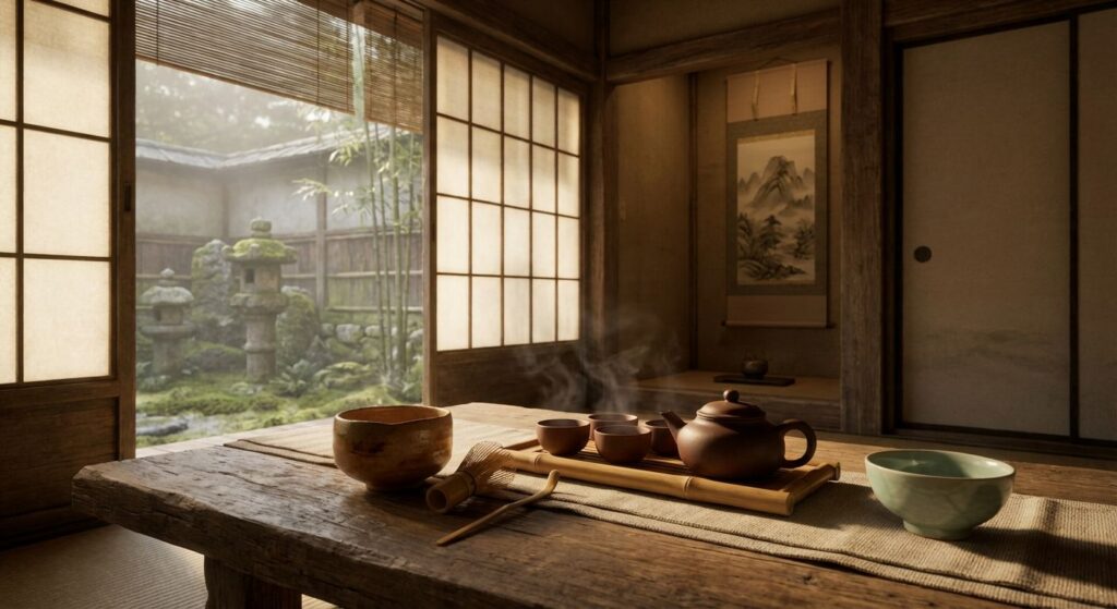 A calm tea scene blending Chinese Yixing pot and cups, a Japanese matcha bowl with whisk, and a Korean ceramic tea bowl in a serene tea room with a misty garden view.