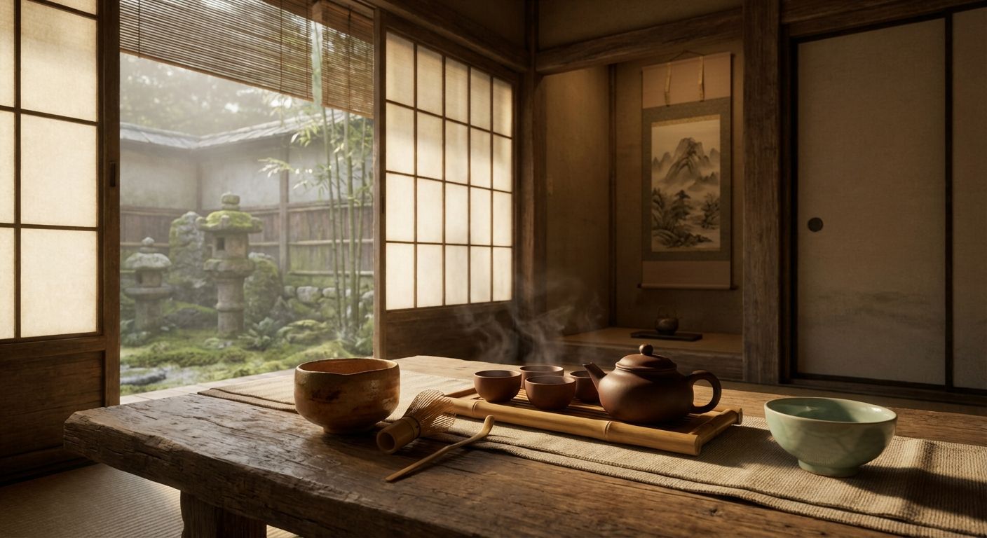 A calm tea scene blending Chinese Yixing pot and cups, a Japanese matcha bowl with whisk, and a Korean ceramic tea bowl in a serene tea room with a misty garden view.