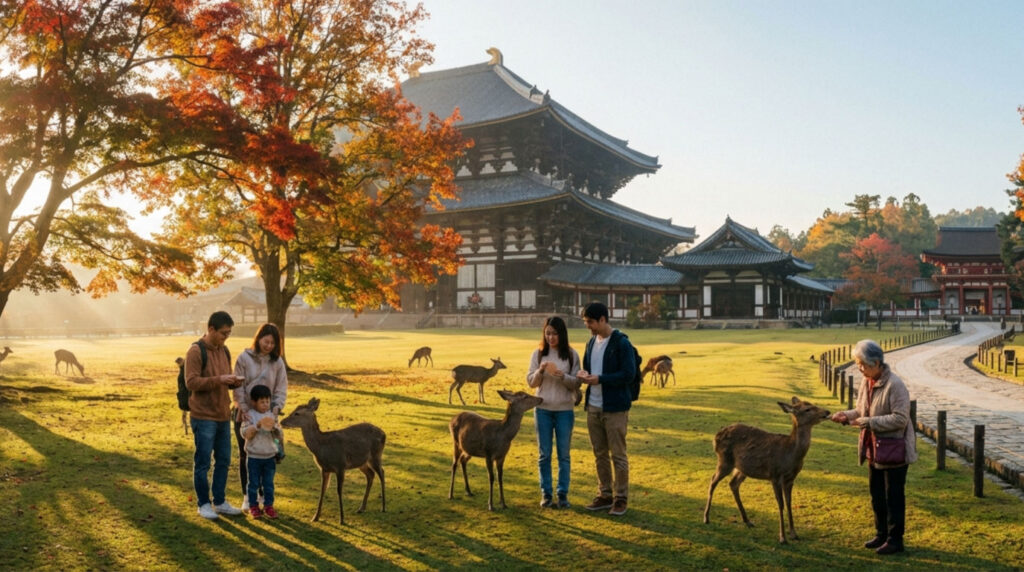 Visitors feeding sika deer on a grassy area in Nara Park with Todai-ji temple and autumn maples in the background.