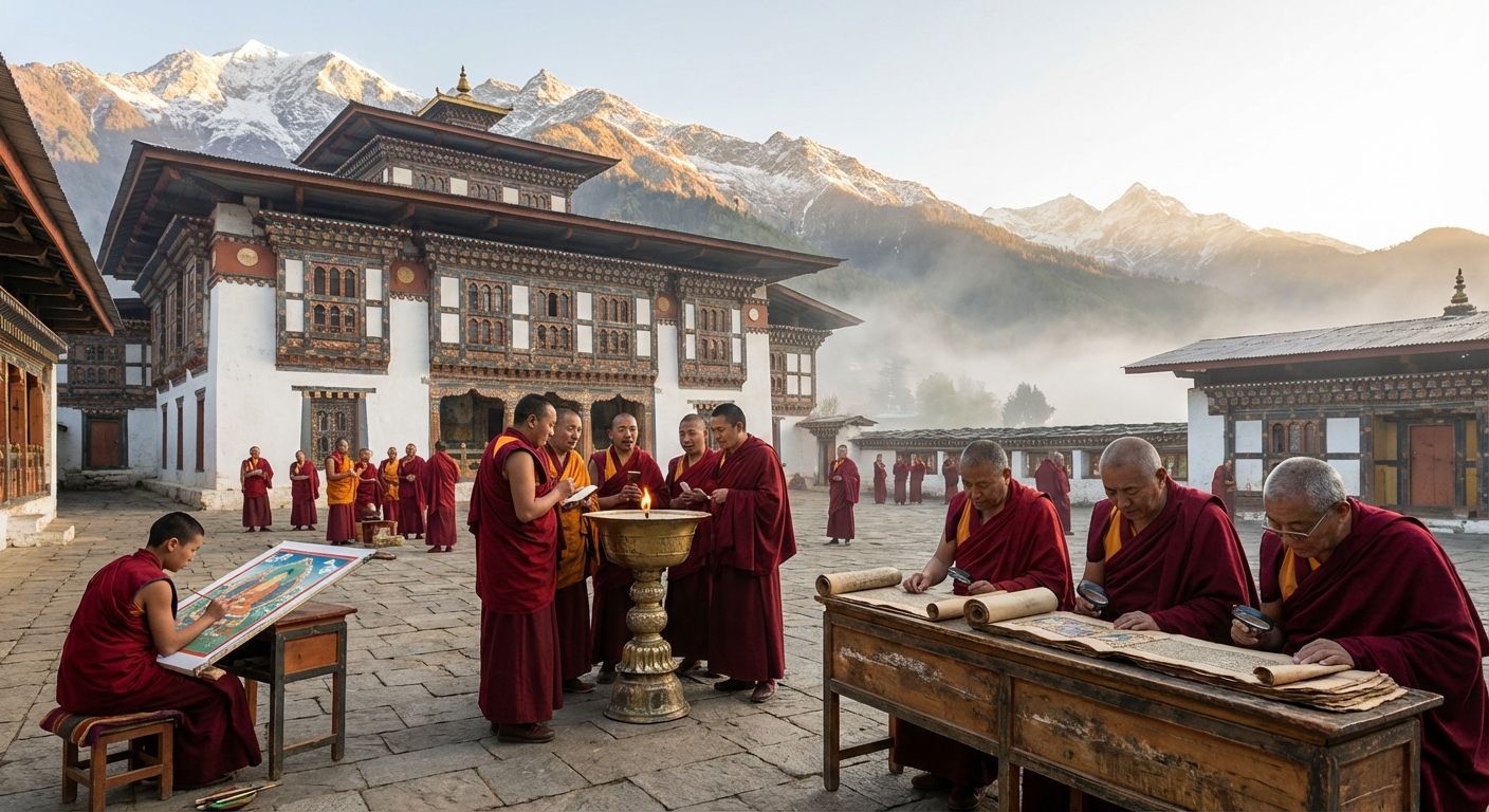Tibetan monks in maroon and saffron robes examining illuminated manuscripts and painting a thangka in a monastery courtyard at sunrise, with Himalayan peaks in the background.