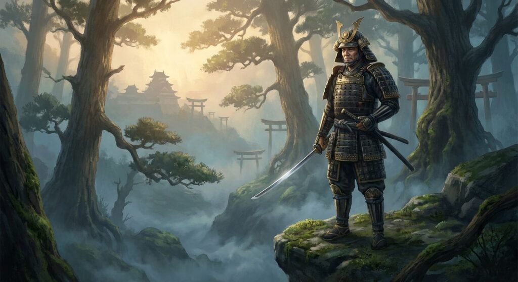 Samurai in lacquered armor standing contemplatively at dawn near a misty cedar forest with a distant feudal castle in the background.