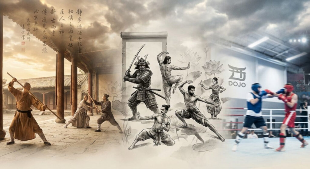 Composite image representing the evolution of Asian martial arts: temple monks, classical warriors and modern competitors forming a visual timeline.