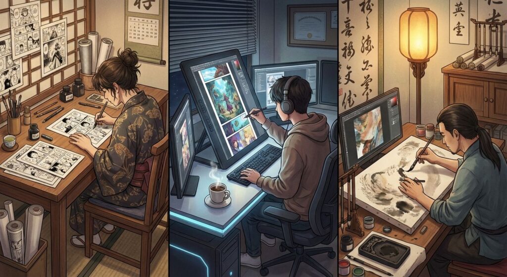 Illustration of three artists representing manga (black-and-white ink studio), manhwa (colorful webtoon digital studio) and manhua (mixed-media Chinese studio) working side by side