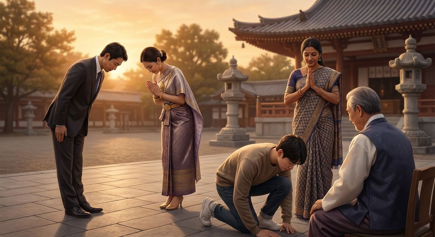 People from different Asian countries demonstrating various forms of bowing — Japanese ojigi, Thai wai, Indian namaste and Korean jeol — in a respectful temple or courtyard setting.