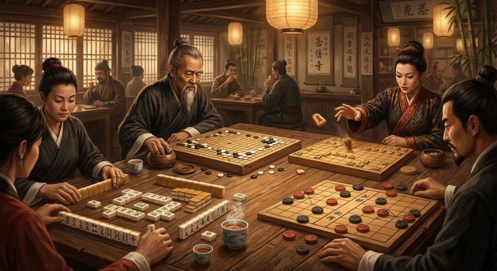 A warm tea-house scene showing players engaged in Go, Shogi, Mahjong and Xiangqi; detailed boards and pieces under soft lantern light.