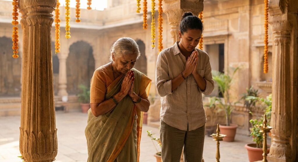 Two people exchanging Namaste in a sunlit temple courtyard, hands in Anjali Mudra with a warm respectful atmosphere.