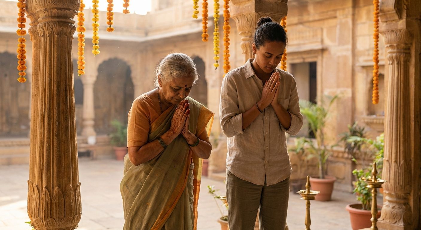 Two people exchanging Namaste in a sunlit temple courtyard, hands in Anjali Mudra with a warm respectful atmosphere.