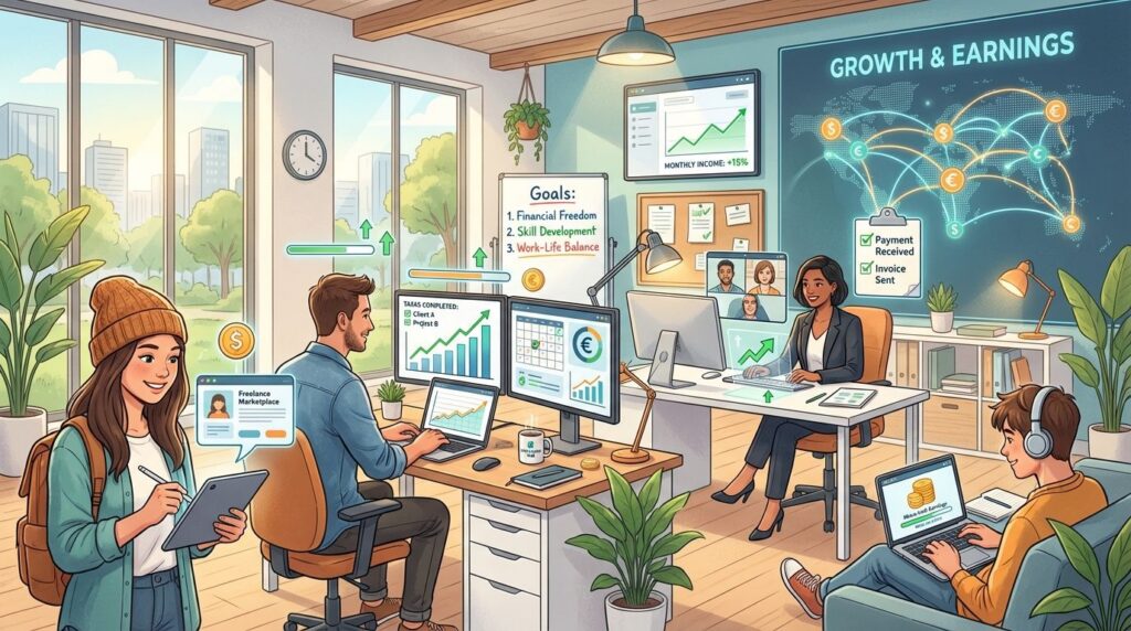 Illustration of diverse people working on laptops and tablets in a bright workspace with growth charts and currency icons, symbolizing earning money online.