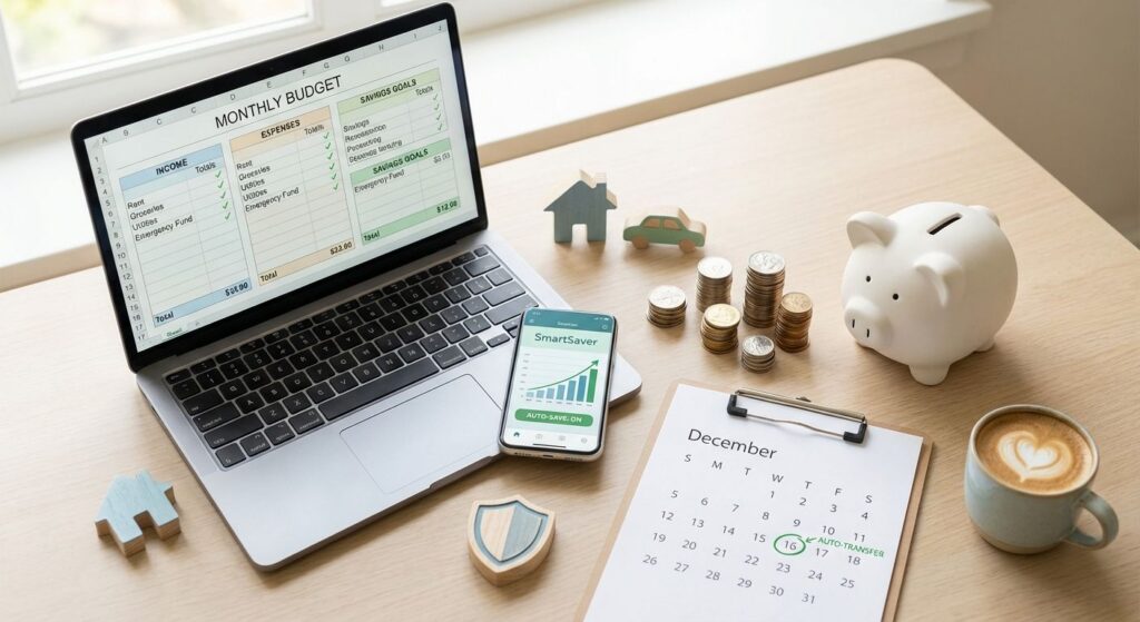 Flat-lay of a laptop budgeting spreadsheet, smartphone savings app, piggy bank and coins representing efficient money saving