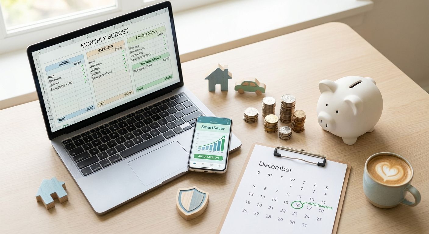Flat-lay of a laptop budgeting spreadsheet, smartphone savings app, piggy bank and coins representing efficient money saving