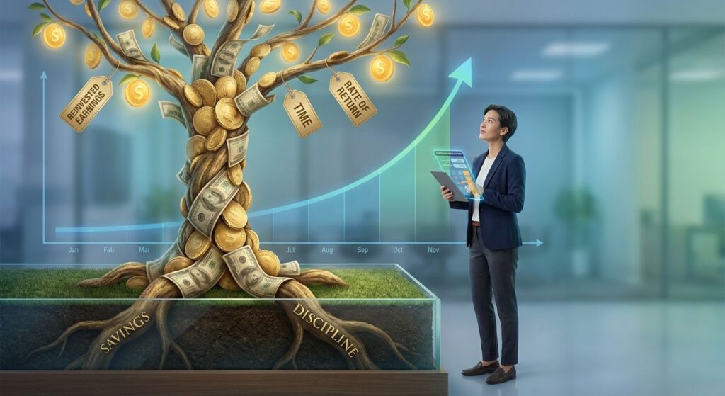 Illustration of a money tree made of coins and banknotes representing compound interest, with labeled roots and a timeline graph in the background.