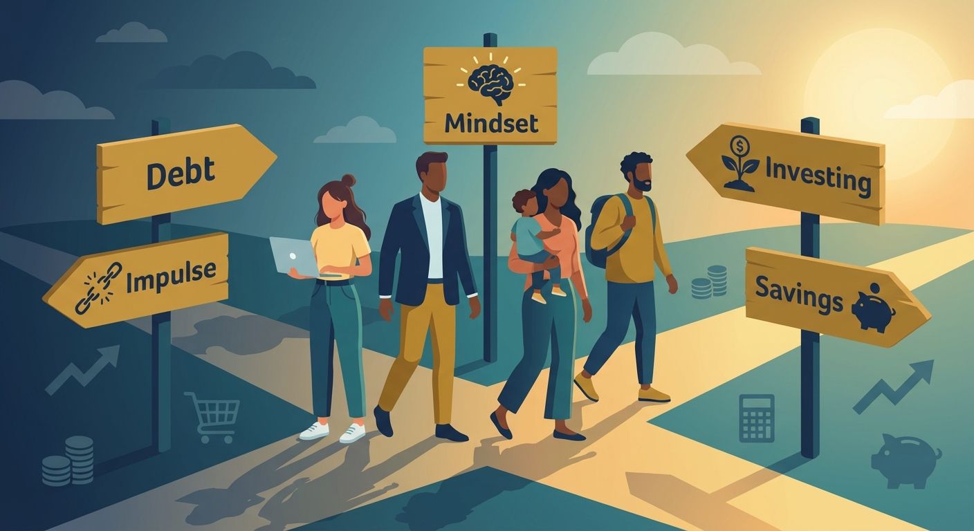 Illustration of diverse adults choosing the 'Savings' and 'Investing' path at a crossroads with financial icons like a piggy bank and upward graph.