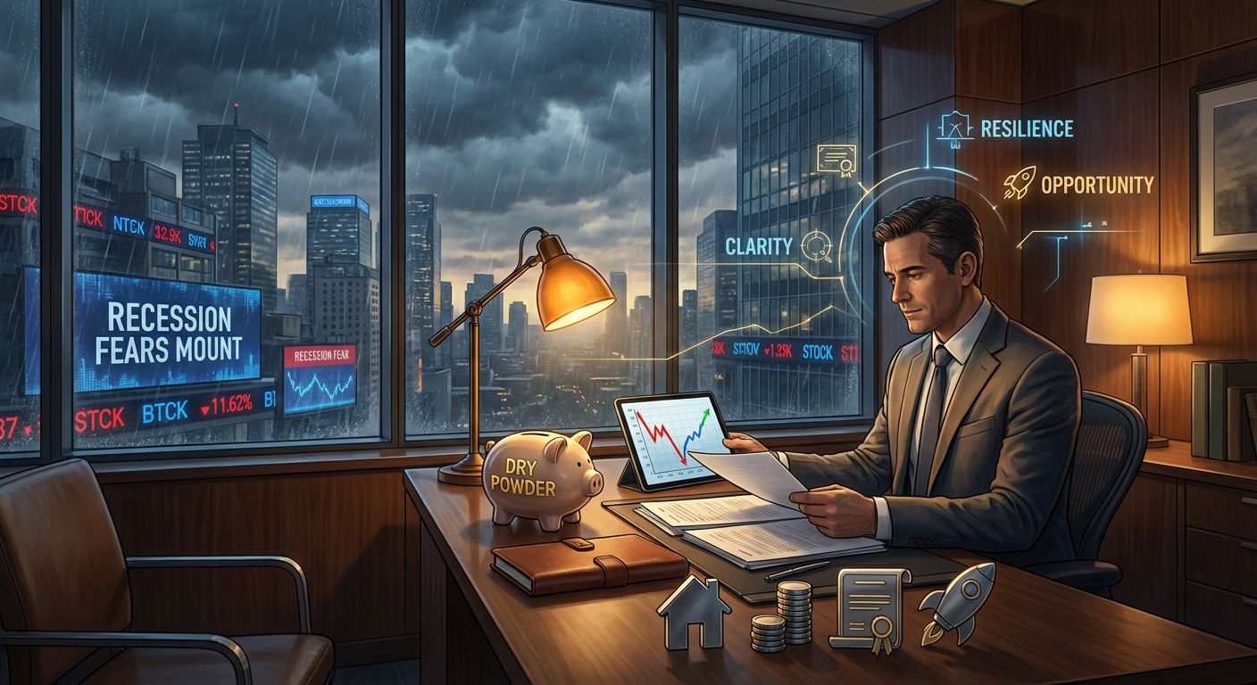 Investor at desk reviewing charts during a market downturn, with city skyline storm and visual elements symbolizing liquidity and recovery.
