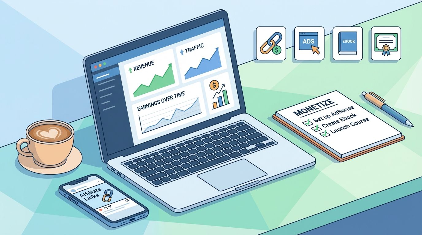 Workspace with laptop showing blog dashboard with rising revenue charts, smartphone with affiliate links, and notebook checklist representing monetization of blogs.