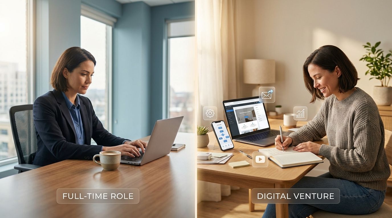 Split-scene of a professional working in an office and the same person building a digital business at home, with icons for automation, email, course and analytics.