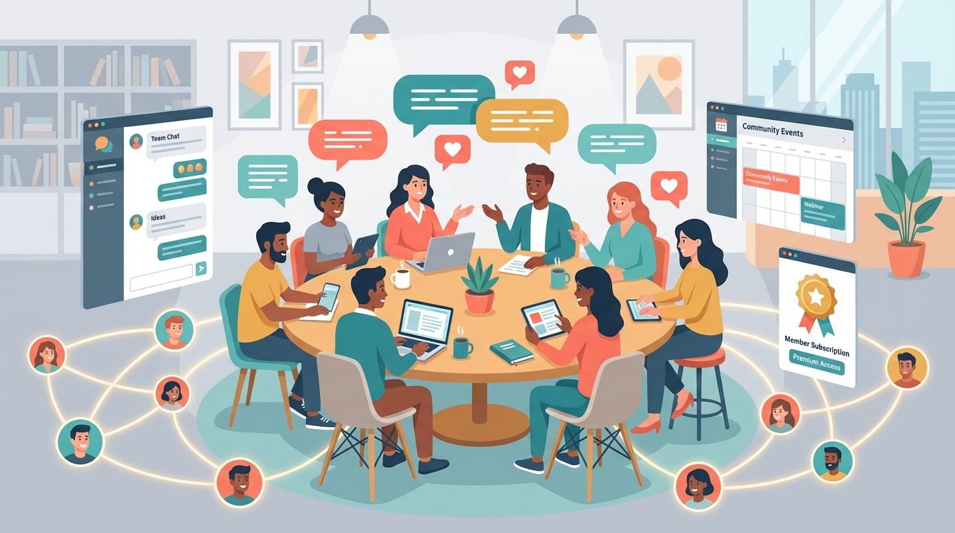 Illustration of a diverse group collaborating in a digital community space, showing engagement icons, profile avatars, and a calendar to represent events.