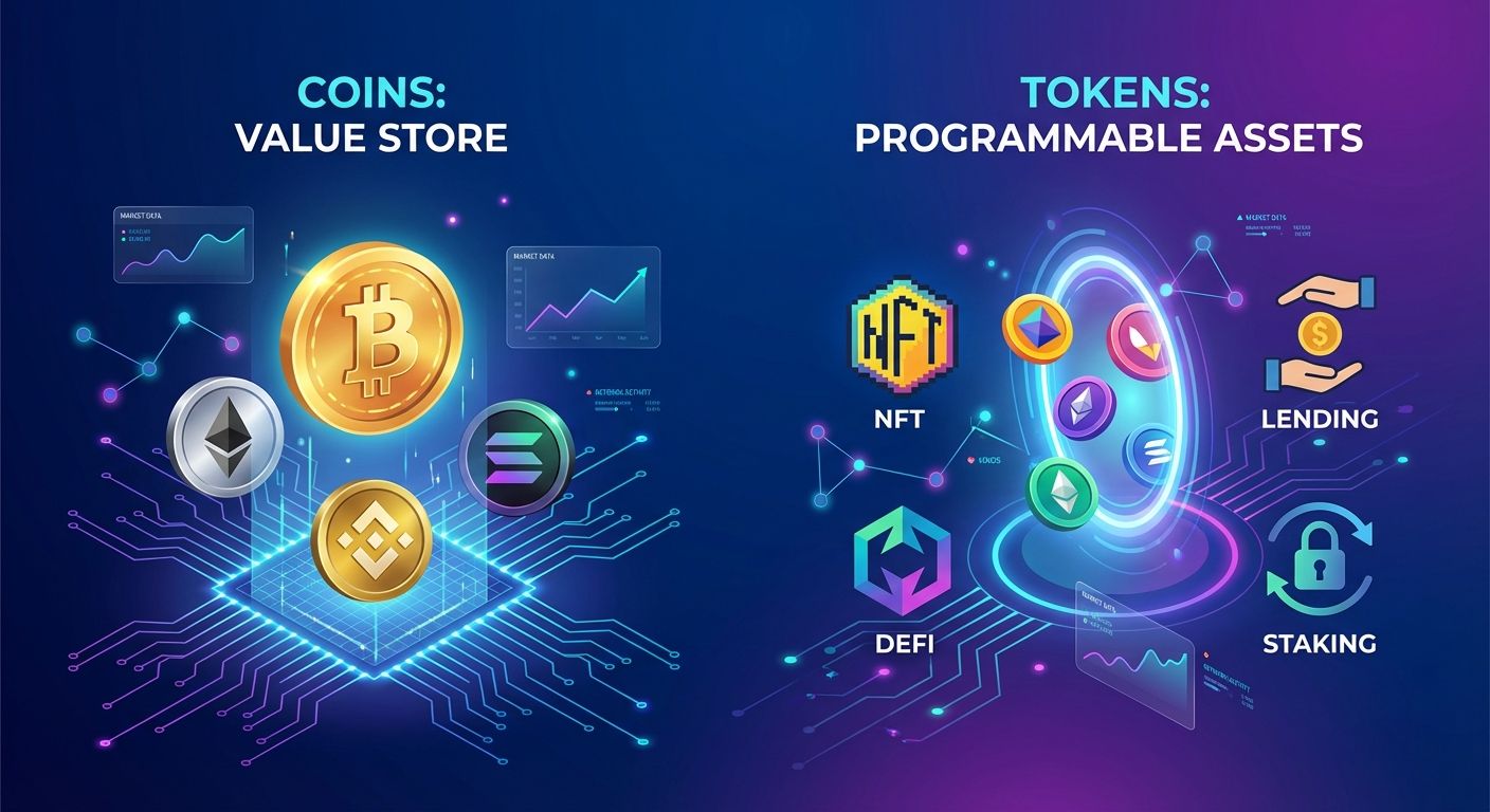 Illustration of cryptocurrencies and tokens with Bitcoin, Ethereum, DeFi icons and blockchain network elements on a blue-purple background