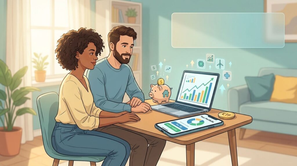 Young investor at a desk using a laptop and phone to invest small amounts; piggy bank and upward arrows symbolize growth and fractional shares.
