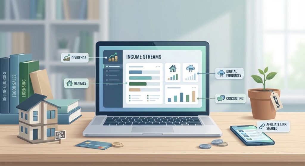 Illustration of a modern desk with a laptop dashboard showing diversified income streams (dividends, rentals, digital products, consulting), a small rental model, books and a smartphone — symbolizing multiple income sources and steady financial growth.