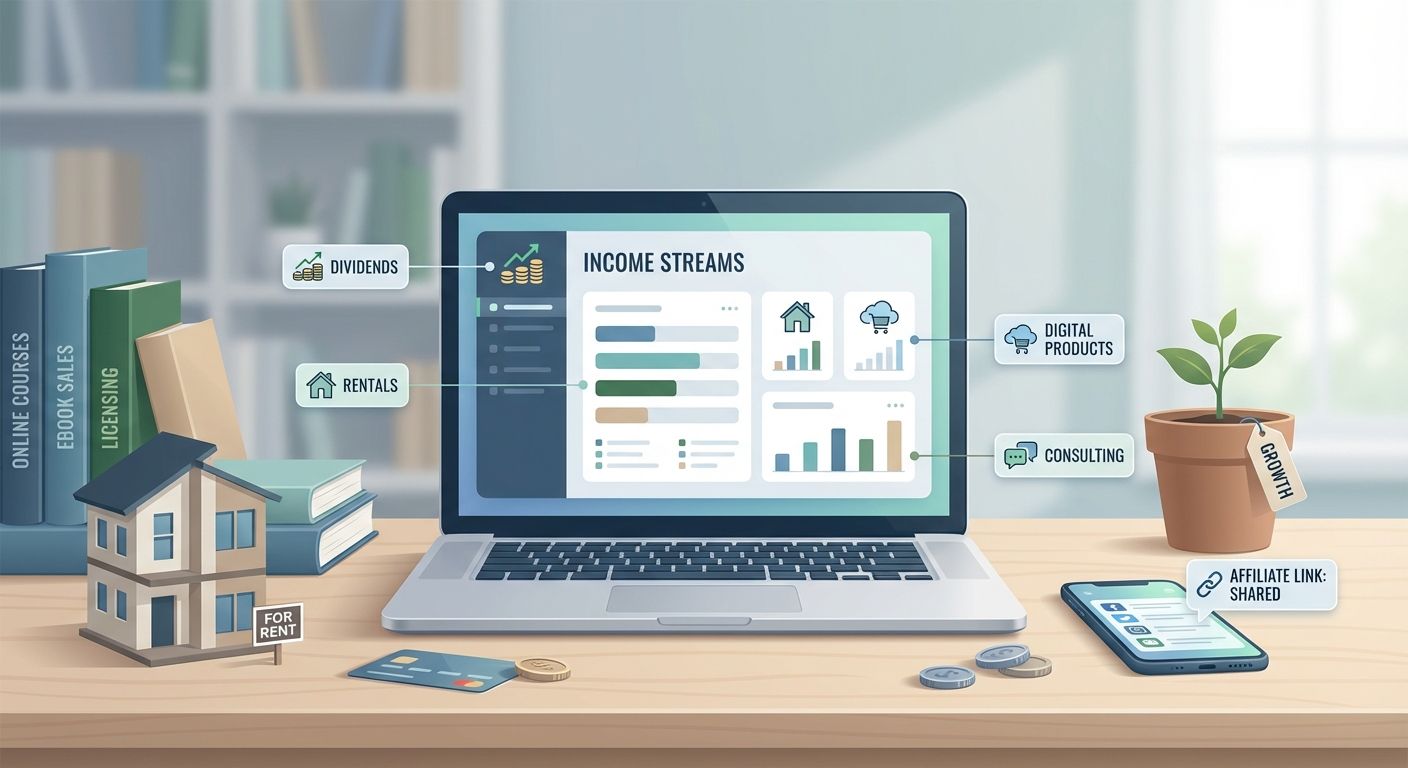 Illustration of a modern desk with a laptop dashboard showing diversified income streams (dividends, rentals, digital products, consulting), a small rental model, books and a smartphone — symbolizing multiple income sources and steady financial growth.