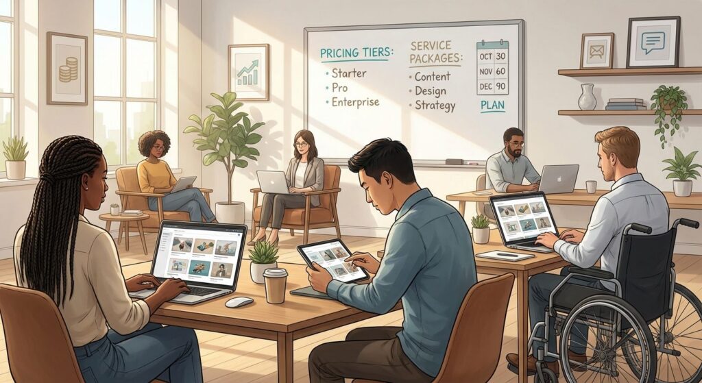 Freelancers in a co-working space with a whiteboard of service packages and a calendar, representing turning skills into income.