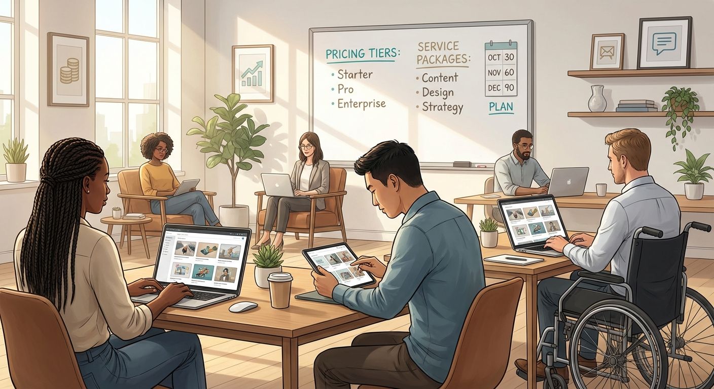 Freelancers in a co-working space with a whiteboard of service packages and a calendar, representing turning skills into income.