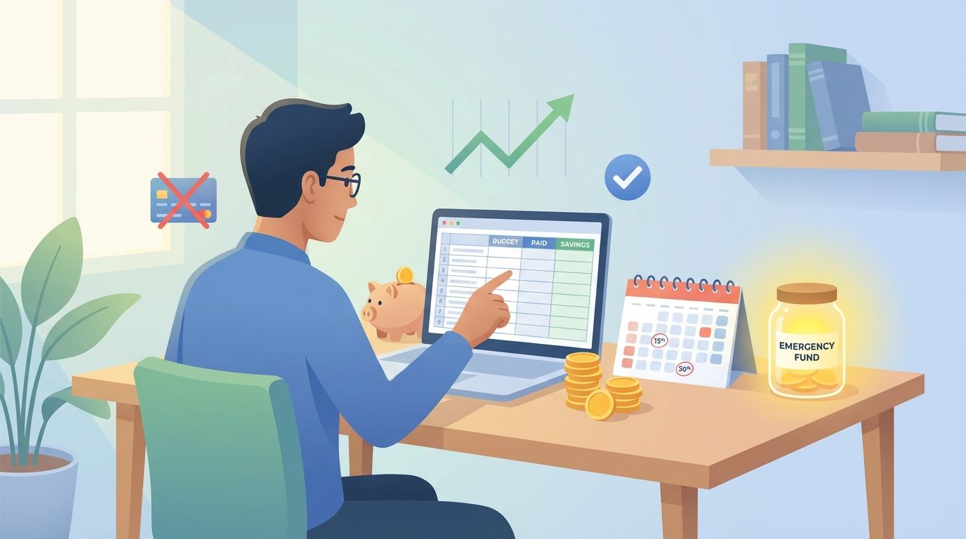Person managing finances at a desk with laptop, piggy bank, coins, calendar and savings jar—illustrating financial control and debt prevention.