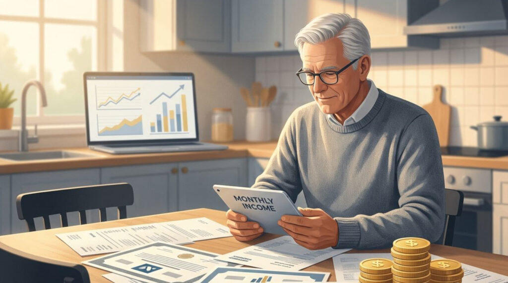 Illustration of a diversified dividend portfolio producing passive income: coins, dividend stock symbols, and a retiree reviewing monthly statements at a table.