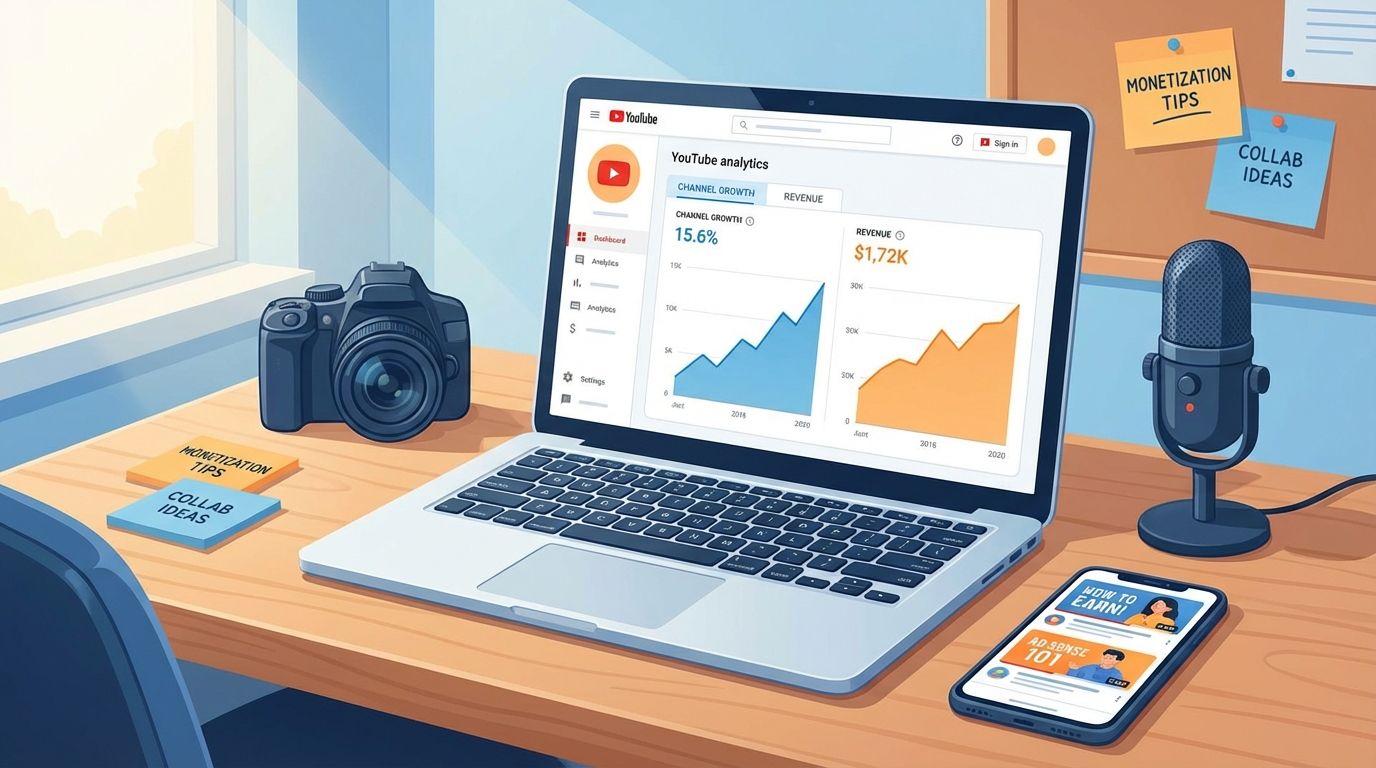 Content creator workspace with laptop showing rising YouTube analytics, camera, microphone, and smartphone displaying thumbnails.