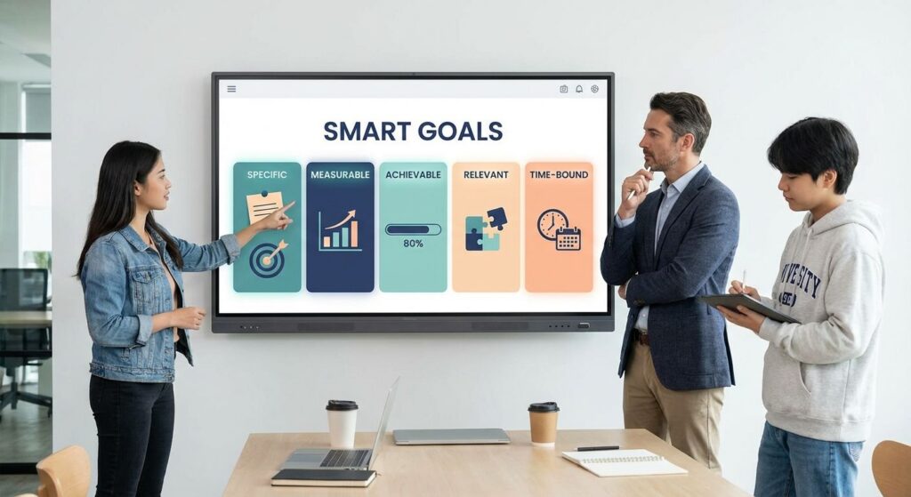 Diverse professionals collaborating around a digital dashboard labeled 'SMART Goals' showing progress bars and charts.