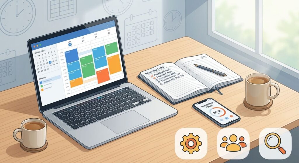Illustration of a desk with calendar time blocks, planner, Pomodoro timer, and icons representing automation and focus