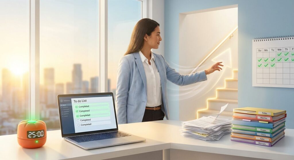 A bright, modern workspace showing a person at a clean desk with a laptop, Pomodoro timer, and checked calendar, symbolizing overcoming procrastination and rising productivity.