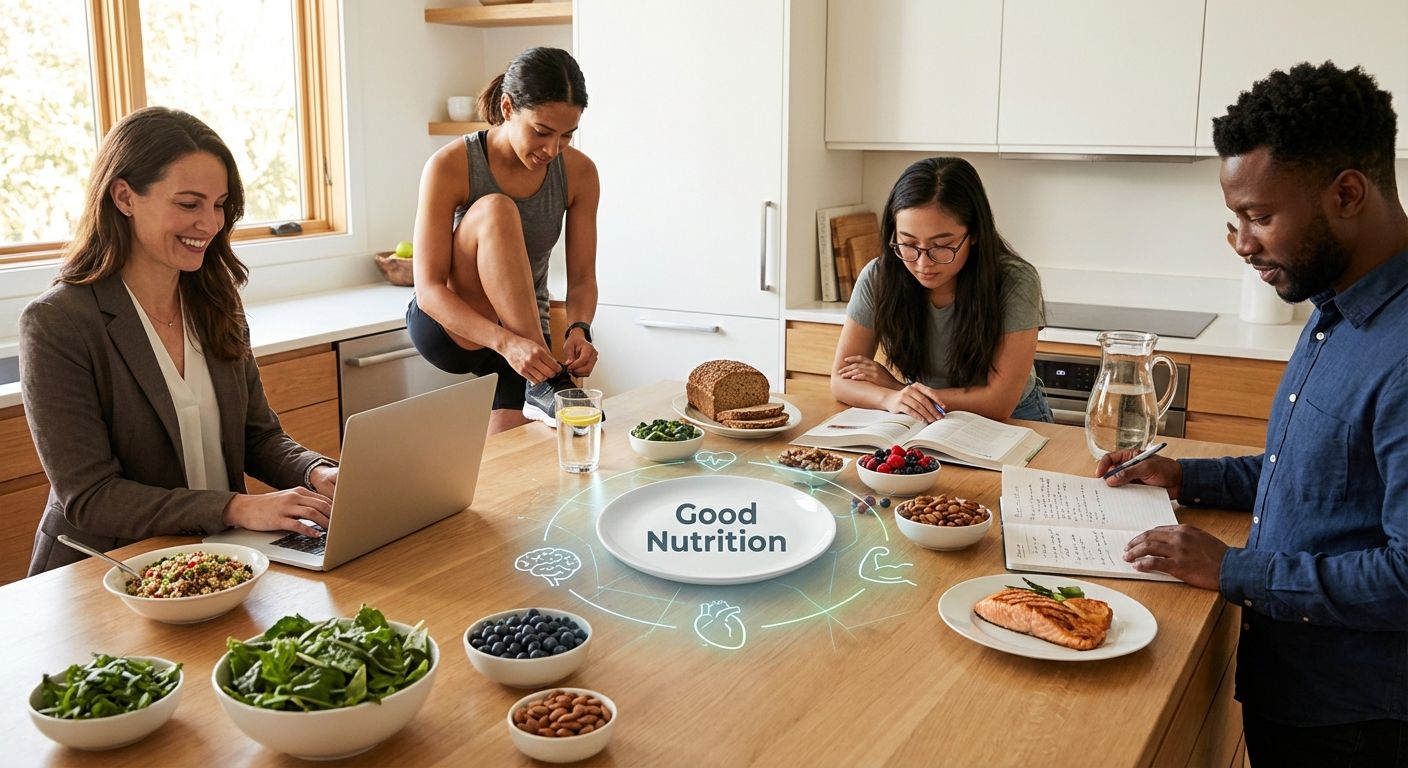 Diverse group sharing healthy meals in a bright kitchen, with a central plate representing good nutrition and visual links to brain, heart and muscles.