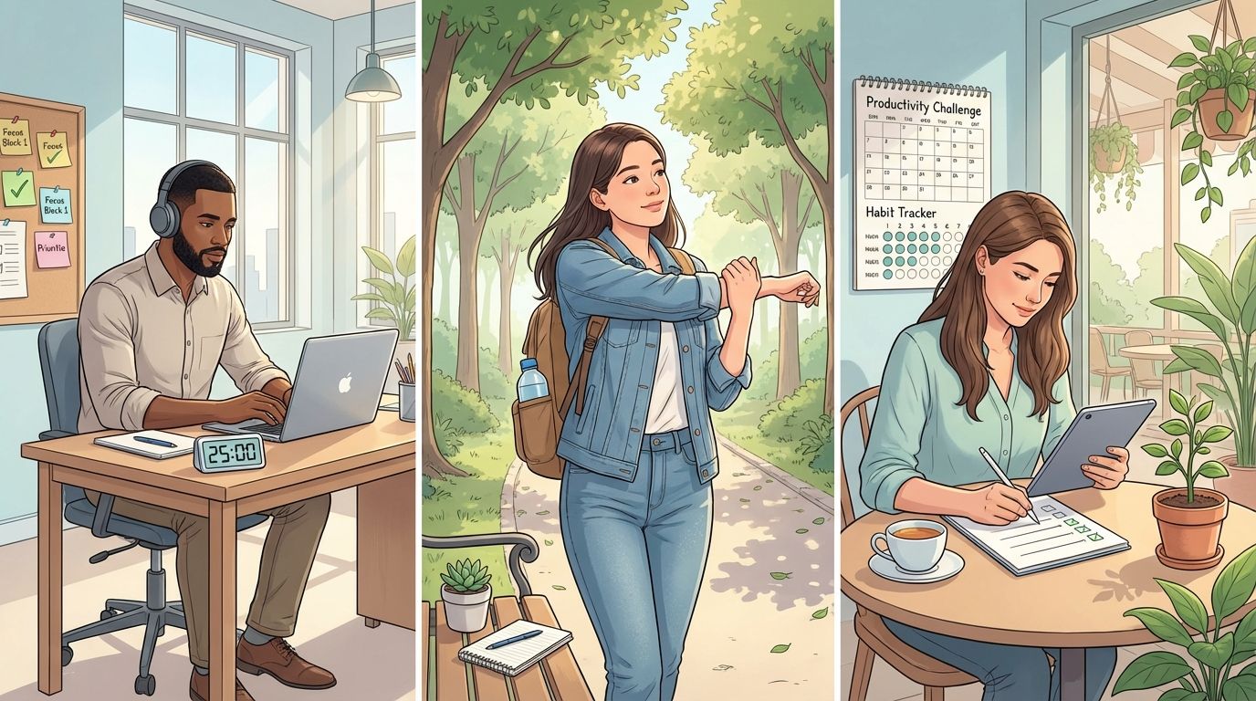 Illustration of diverse people regaining focus: focused work sessions, short walk, checklist and habit tracker symbolizing overcoming lack of motivation and building consistent habits.
