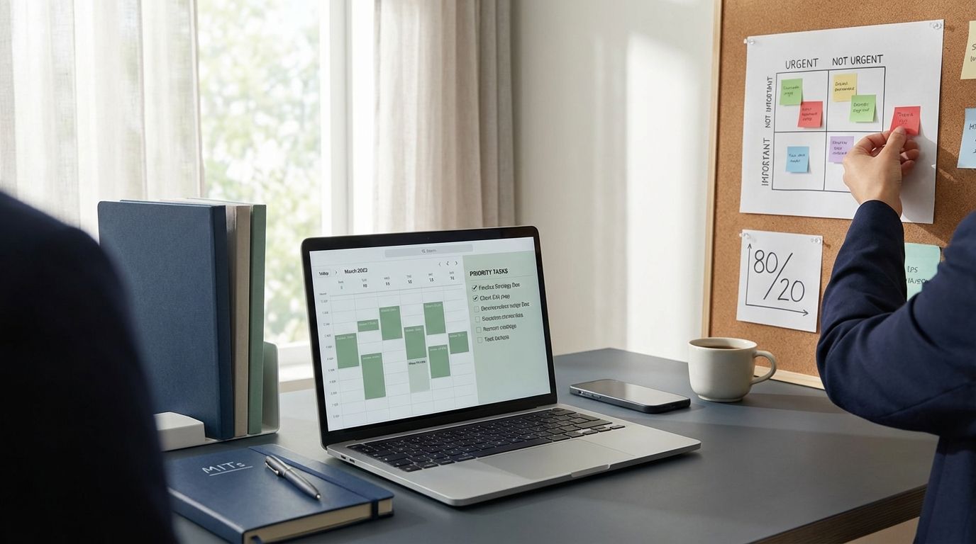 Desk with laptop showing prioritized task list, MITs notebook, and an Eisenhower Matrix on the wall symbolizing establishing priorities and focused time management.