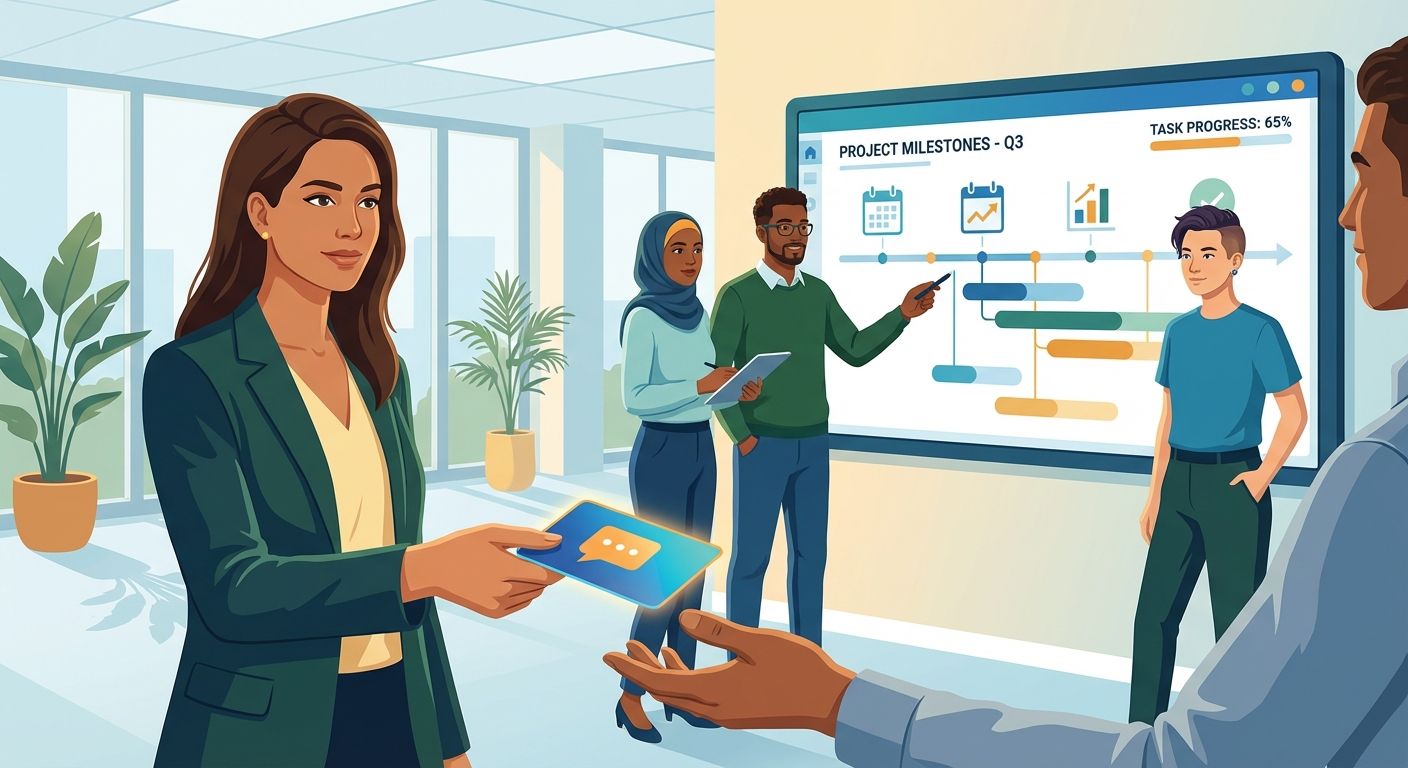 Leader delegating tasks to a diverse team in a modern office, with a digital board showing milestones and progress.