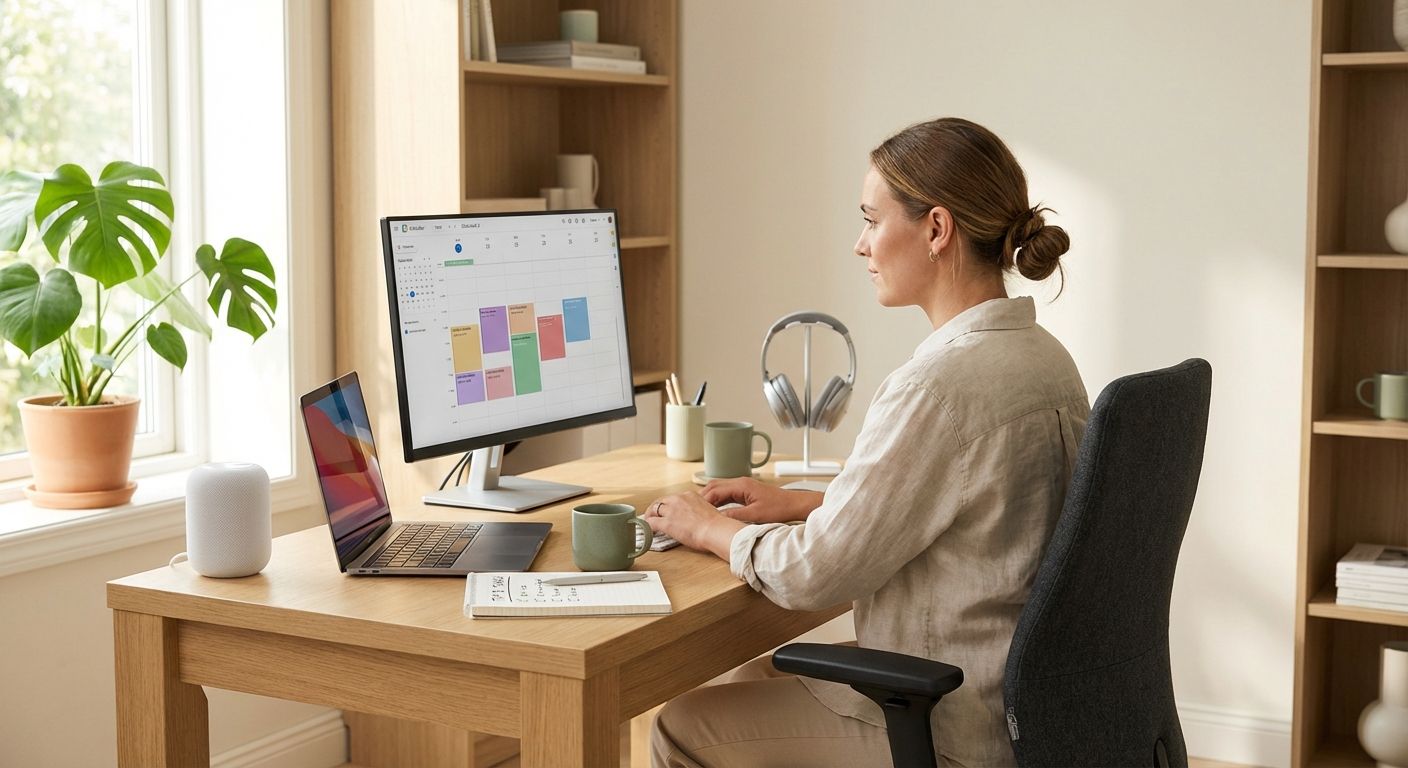 Bright, organized home office with laptop, monitor, notebook showing top tasks, timer and headphones, conveying focus and productivity.