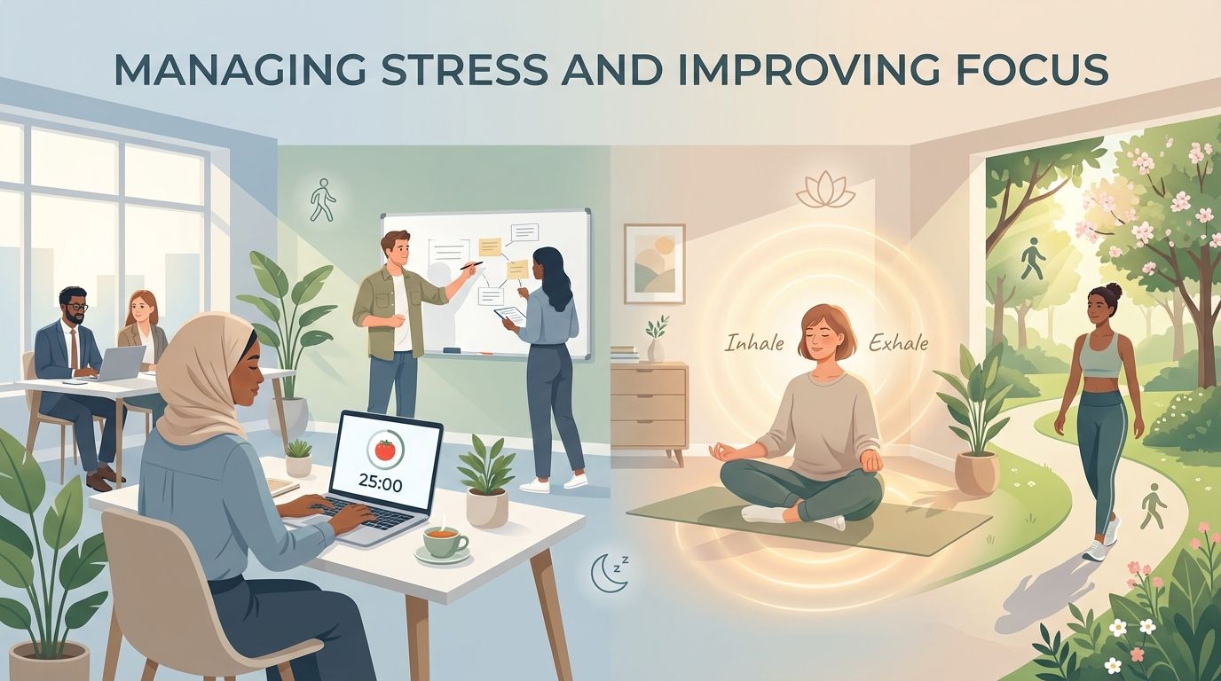 Illustration of diverse professionals and students using habit-based techniques to manage stress and improve focus: breathing, tidy workspace, Pomodoro timer, and walking outdoors in soft natural light.