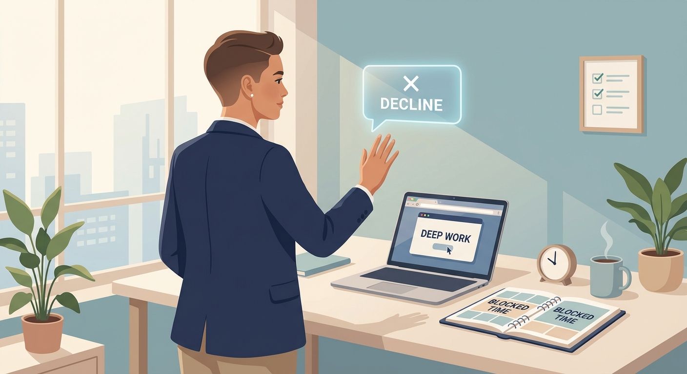 Illustration of a confident person setting a boundary at a desk, blocking a notification while a calendar with blocked deep‑work time is visible.