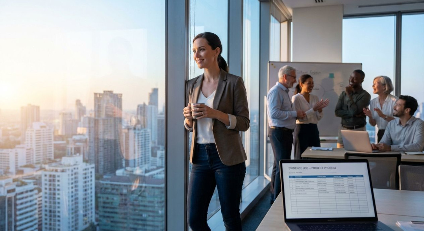 Professional looking confidently out a sunrise-lit office window with coworkers collaborating in the background; symbolizes overcoming impostor syndrome and building self-confidence.