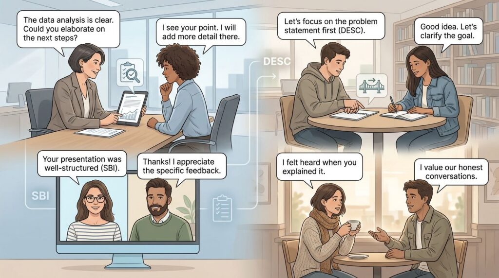 Illustration of diverse people exchanging constructive feedback in office, remote call, academic and personal settings, showing attentive, respectful communication.