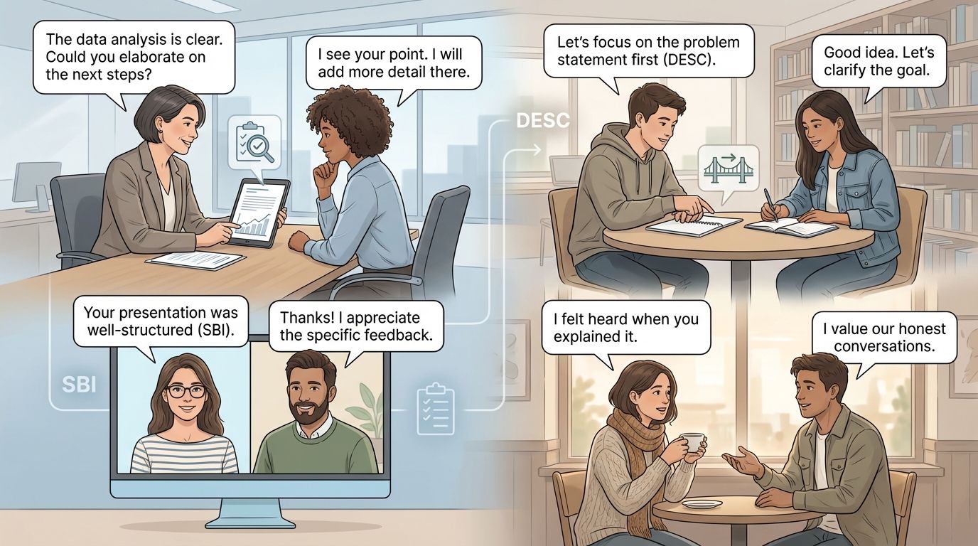 Illustration of diverse people exchanging constructive feedback in office, remote call, academic and personal settings, showing attentive, respectful communication.