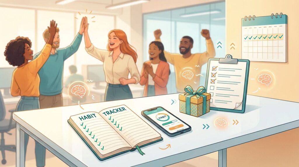 Illustration of a habit-tracking setup with a journal, app, checklist, and a small reward box representing the reward technique for habits.