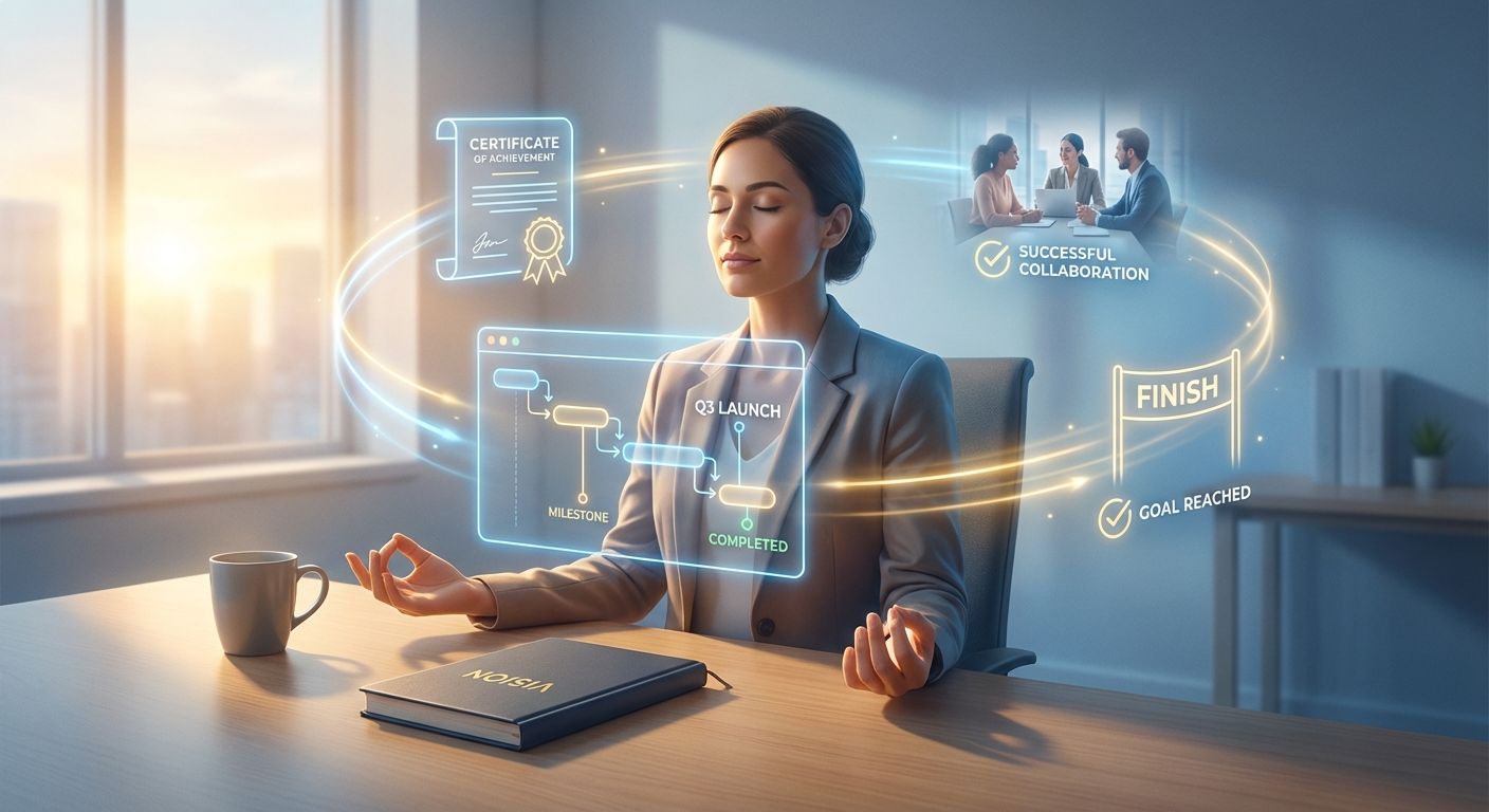 Person sitting at a desk with eyes closed visualizing goals; translucent images of milestones and achievements float around them, suggesting focus and motivation.