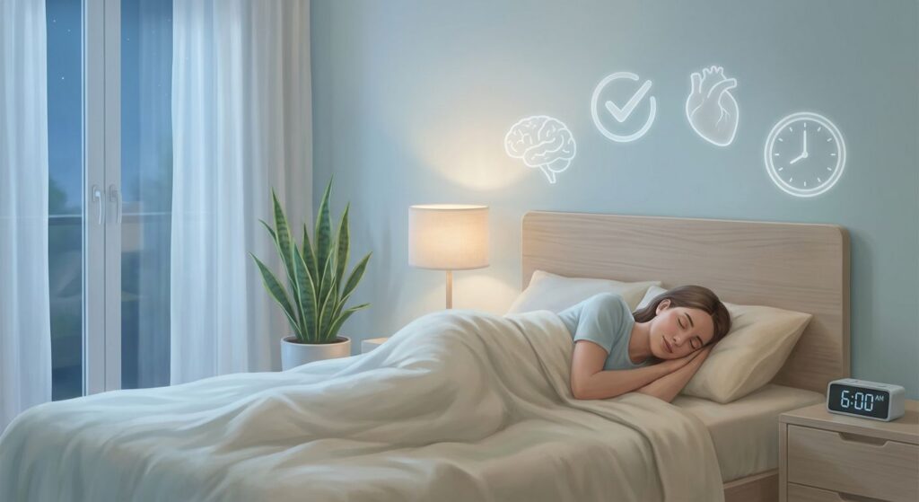 Person sleeping peacefully in a calm bedroom, with soft lighting and subtle icons indicating brain restoration, productivity, heart health and circadian rhythm.