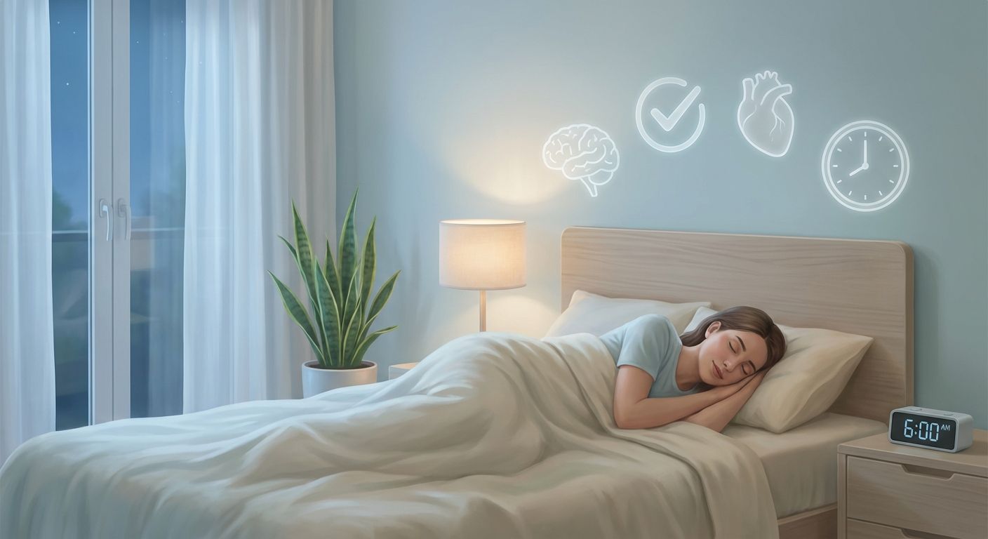 Person sleeping peacefully in a calm bedroom, with soft lighting and subtle icons indicating brain restoration, productivity, heart health and circadian rhythm.