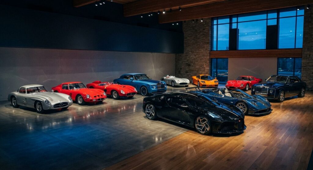 Ten of the world's most expensive cars displayed together in a dramatic, museum-like setting under cinematic lighting.
