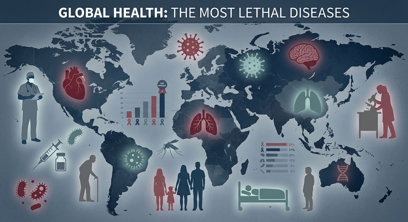 Illustration of a world map with medical icons and diverse people representing global impact of the most lethal diseases