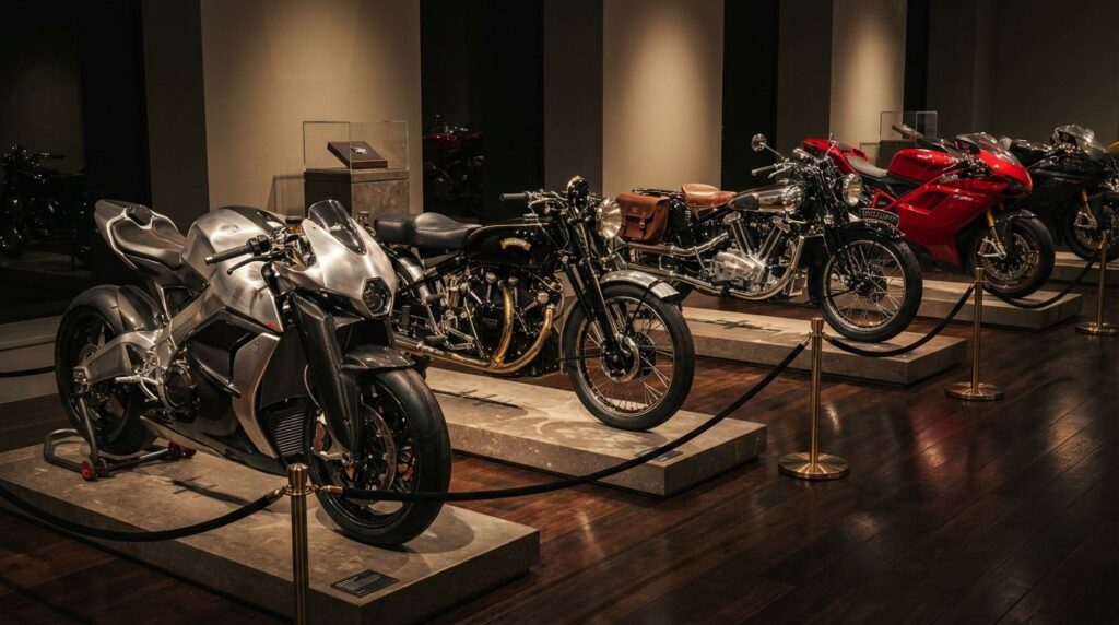 Display of the world’s most expensive motorcycles in a museum-style setting: a mix of bespoke modern concept bikes and rare vintage racers.