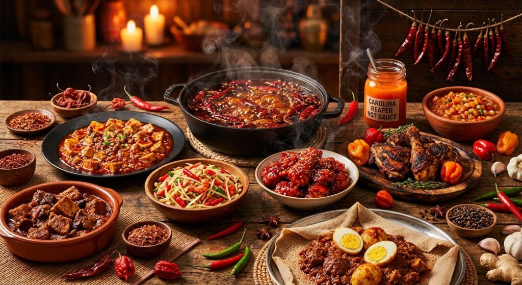 Collage of the world’s spiciest foods: hot pot, Mapo Tofu, Buldak, vindaloo, som tam, jerk chicken, Carolina Reaper sauce and other fiery dishes conveying heat and aroma